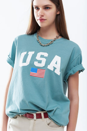 Maglietta lunga verde ampia con logo USA