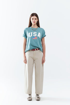 Maglietta lunga verde ampia con logo USA