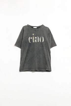 maglietta nera stonewashed rilassata Con Ciao in Stampa Leopardata