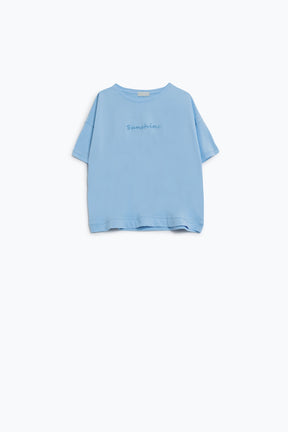 Maglietta oversize Sunshine con testo in rilievo sul davanti in blu