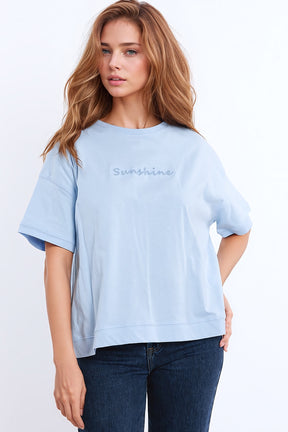 Maglietta oversize Sunshine con testo in rilievo sul davanti in blu