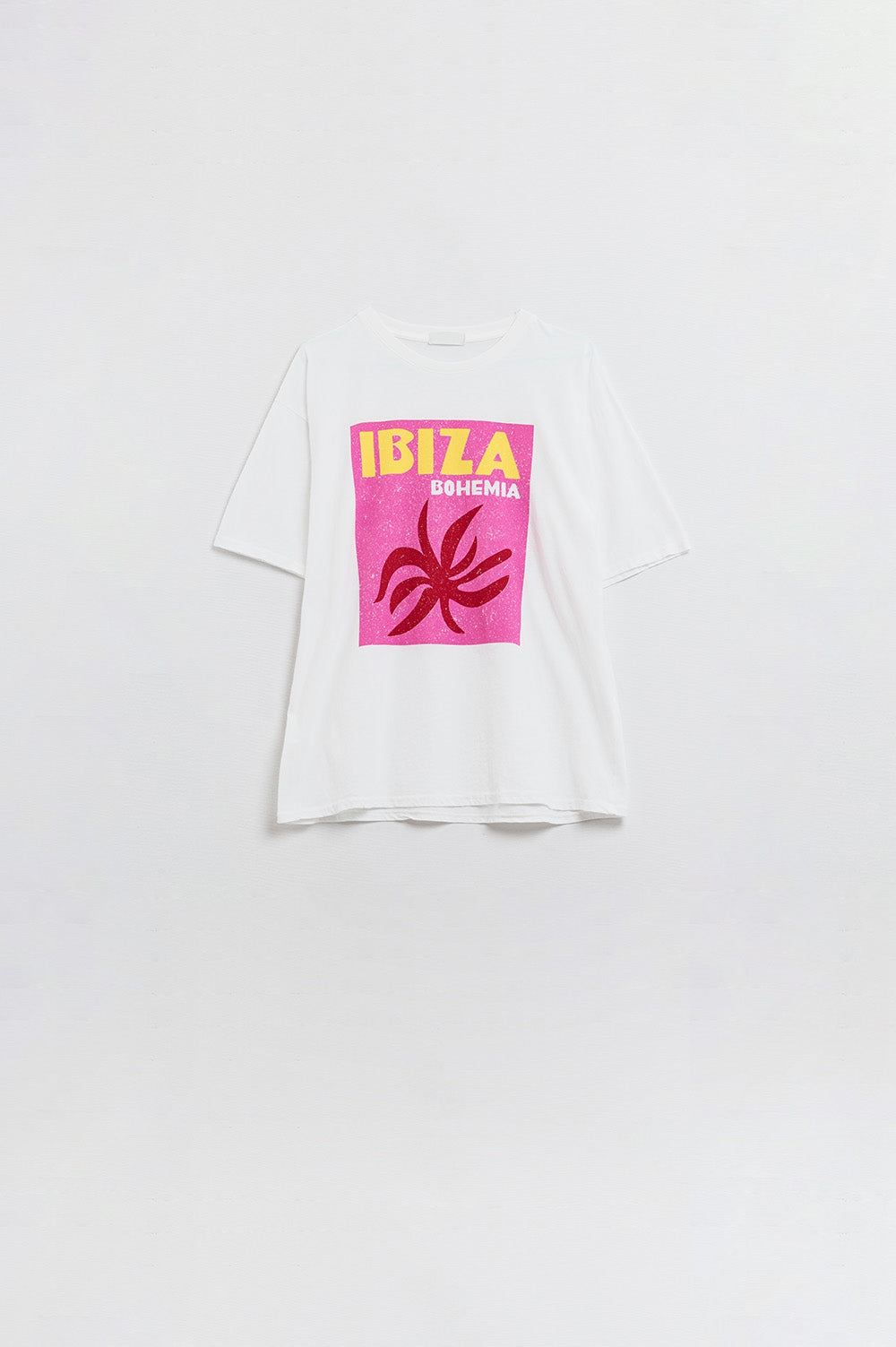 Q2 Maglietta Rilassata Bianca Ibiza Bohemia con Stampa Rosa