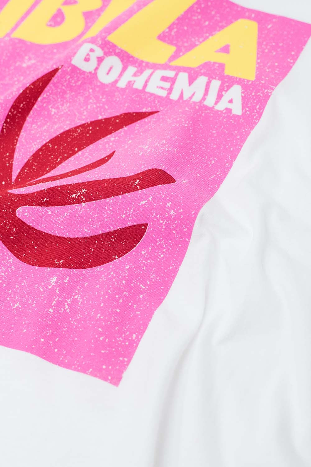 Maglietta Rilassata Bianca Ibiza Bohemia con Stampa Rosa