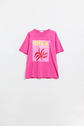 Q2 Maglietta rilassata Ibiza Bohemia fucsia con stampa rosa