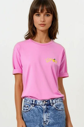 Q2 Maglietta rosa Made in Italy con grafica di limone