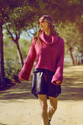 Q2 maglione a collo alto in maglia morbida color fucsia