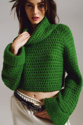 Q2 Maglione a coste con collo a dolcevita e polsini arrotolati in maglia a nido d'ape verde