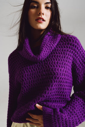 Maglione a maglia a nido d'ape con collo alto viola