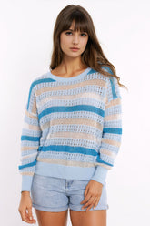 Q2 Maglione a maglia blu a righe bianche e blu