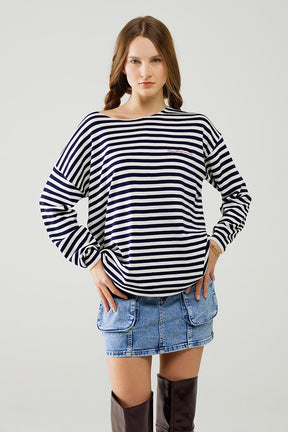 Q2 maglione a maglia fine a righe blu navy con scollo a barca