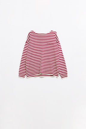Q2 maglione a maglia fine a righe color vino con scollo a barca