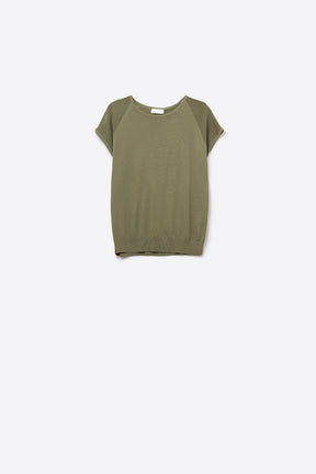 Q2 Maglione a manica corta color cachi con rete a maglia sulla spalla