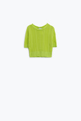 Q2 Maglione a maniche 3/4 in maglia verde con dettagli a righe zig zag
