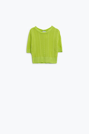 Q2 Maglione a maniche 3/4 in maglia verde con dettagli a righe zig zag