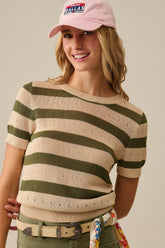 Q2 Maglione a maniche corte a righe in maglia a pois verde