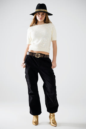 Maglione a maniche corte in paillettes color crema