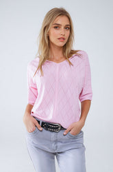 Q2 Maglione a maniche corte rosa chiaro con motivo argyle