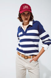 Q2 Maglione a righe bianche e blu con scollo a V e collo a polo