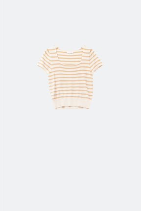 Q2 Maglione a righe con scollo quadrato in beige e cammello