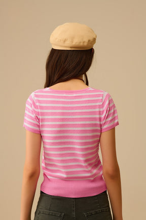 Maglione a righe con scollo quadrato in rosa e bianco