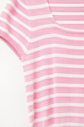 Maglione a righe con scollo quadrato in rosa e bianco
