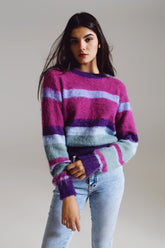 Q2 Maglione a righe fluffy sfumato in tonalità di viola blu e bianco