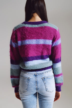 Maglione a righe fluffy sfumato in tonalità di viola blu e bianco