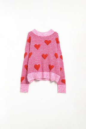 Maglione a righe rosa con cuori di colore rosso