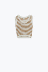 Q2 Maglione aperto a maglia cropped a righe senza maniche in marrone e bianco