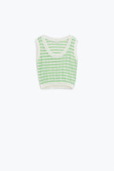 Q2 Maglione aperto a maglia cropped a righe senza maniche in verde e bianco