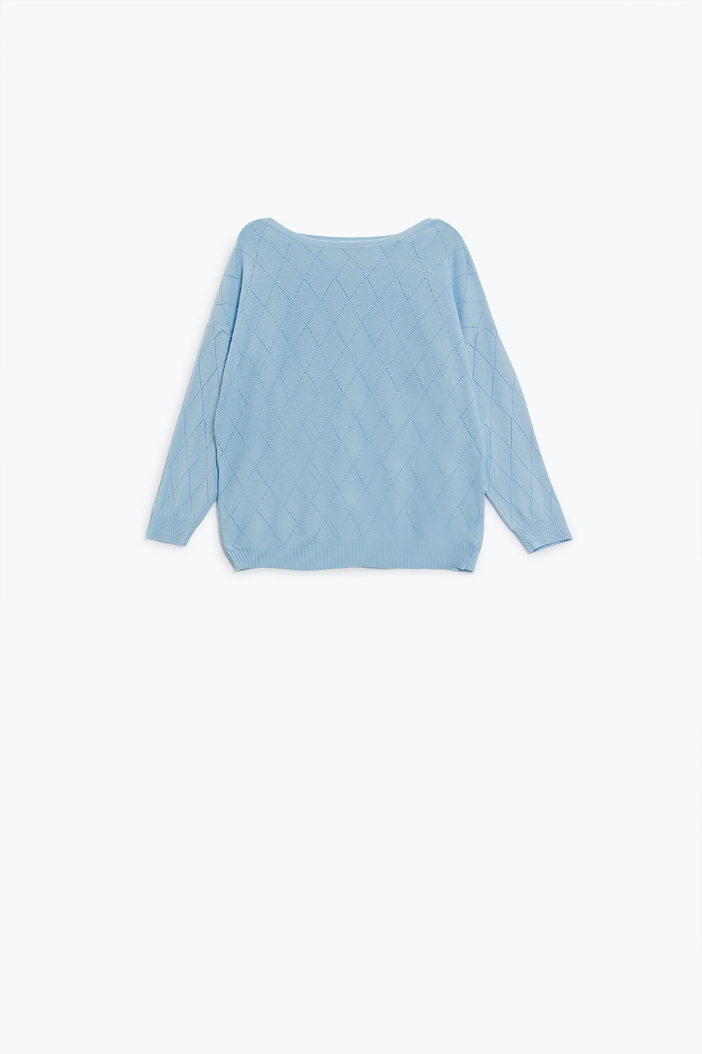 Q2 Maglione azzurro con stampa argyle e scollo a barca