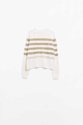 Q2 Maglione beige a maglia morbida con righe cammello