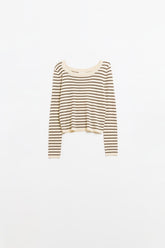 Q2 Maglione beige a righe in maglia fine con scollo a barca