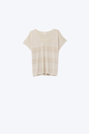 Maglione beige con scollo a V e dettaglio punto a aperto