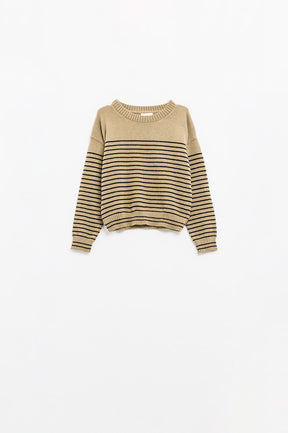 Q2 Maglione beige con strisce nere e collo a barca