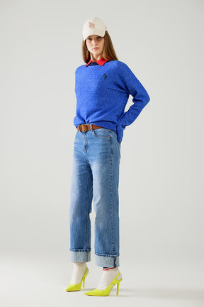 Maglione blu con colletto a contrasto e logo love sul petto