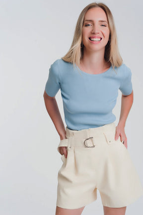 Q2 Maglione blu lavorato con nodo sul retro