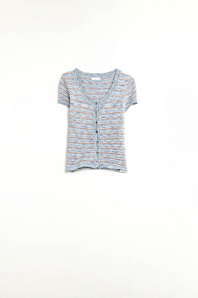 Maglione con bottoni in blu con strisce arancioni