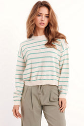 Q2 Maglione con spalle scoperte in bianco e strisce verdi