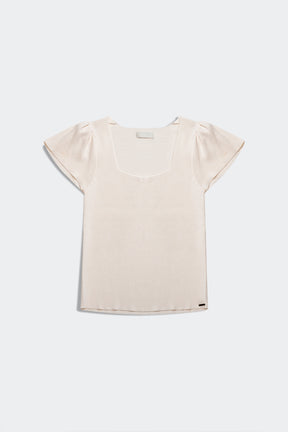 Maglione crema con scollo squadrato e maniche a sbuffo