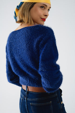 maglione cropped in blu marino aderente in vita