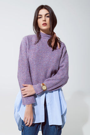 Maglione dolcevita a coste viola