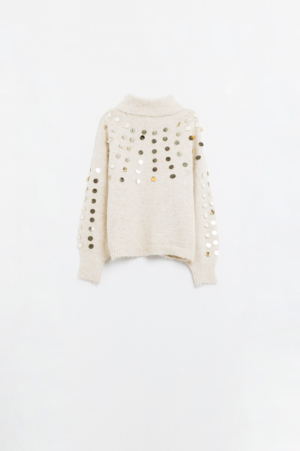Q2 Maglione dolcevita beige con dettagli in paillettes