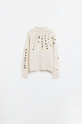 Q2 Maglione dolcevita beige con dettagli in paillettes