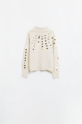 Q2 Maglione dolcevita beige con dettagli in paillettes
