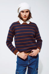 Q2 Maglione girocollo a righe in blu e arancio ruggine