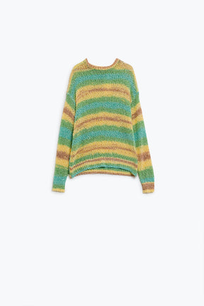 Q2 Maglione girocollo a righe in maglia aperta nei toni del giallo e del verde