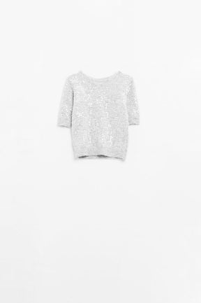 Q2 maglione grigio a maniche corte con paillettes