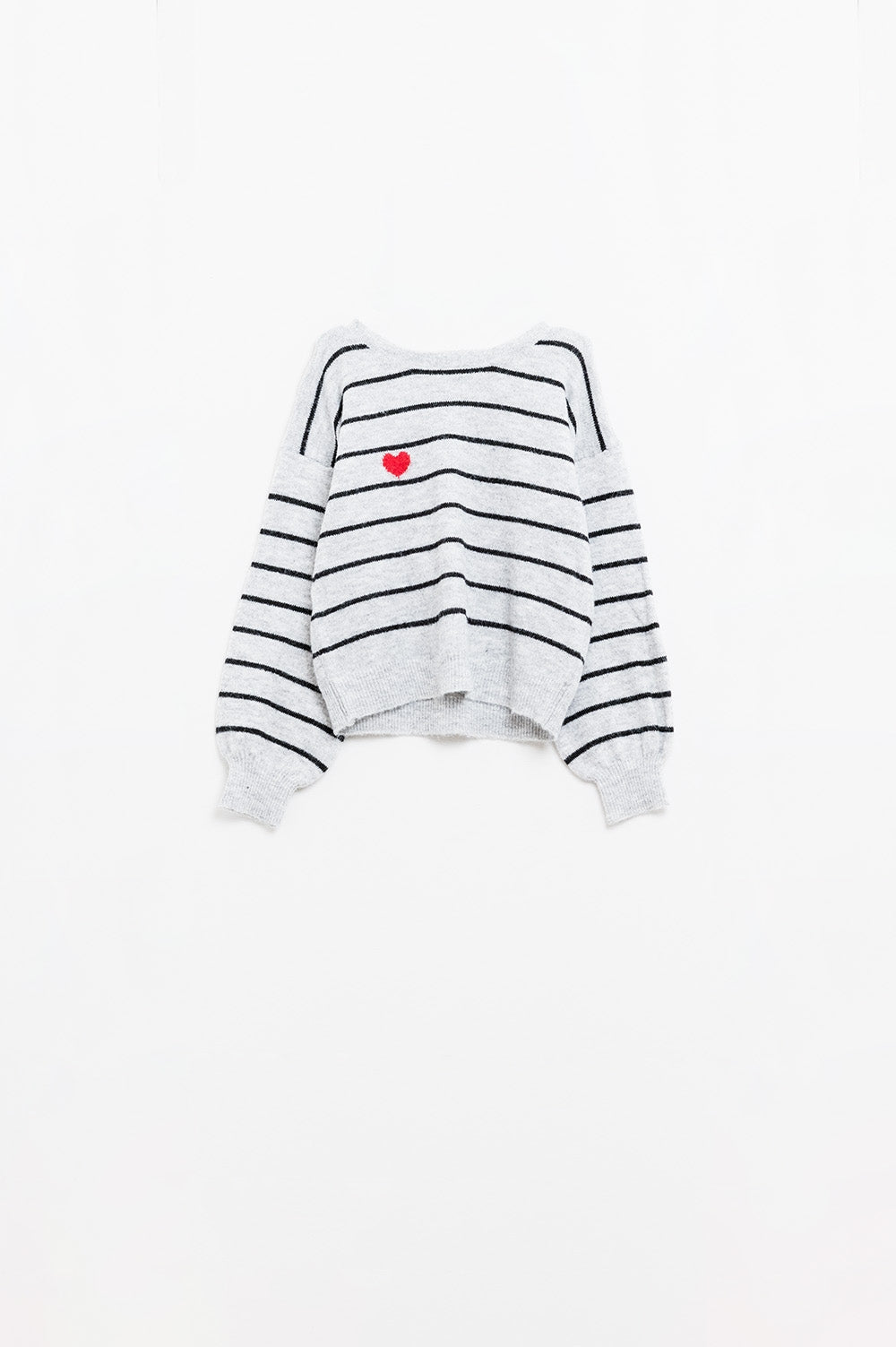Maglione grigio a righe con dettaglio cuore rosso
