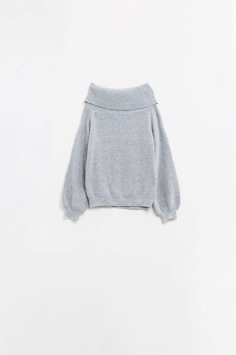 Maglione grigio con scollo a barca e paillettes